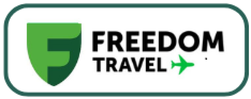 The logo for Freedom Travel features a green shield with a stylized white 'F' inside it, next to the words 'FREEDOM TRAVEL' in black, with a green airplane icon beneath the word 'TRAVEL'.