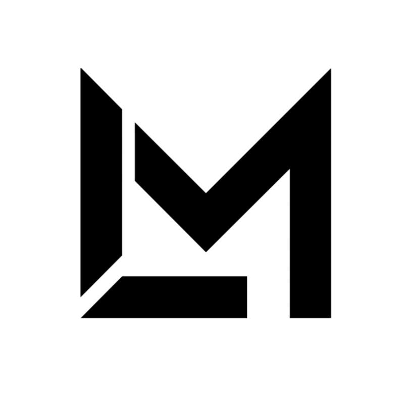 A black and white abstract logo, resembling the letter M, with geometric cuts and sharp angles.