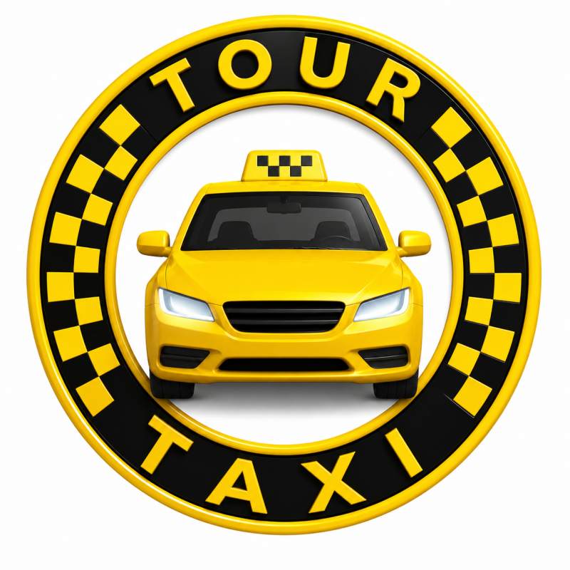 A yellow taxi car with illuminated headlights is centered within a circular emblem that has a black and yellow checkered pattern and the words "TOUR" at the top and "TAXI" at the bottom.