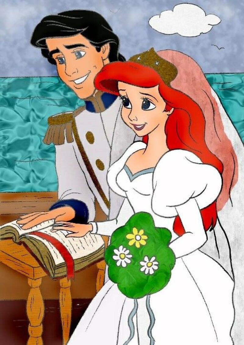 A cartoon image depicts Ariel in a wedding dress with a green flower bouquet, standing next to Prince Eric who is reading a book on a wooden stand.