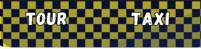A horizontal banner with a dark blue and yellow checkerboard pattern, featuring the words "TOUR" and "TAXI" in white, bold text.