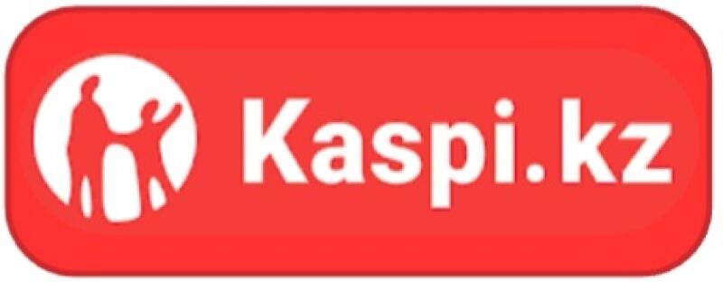 The image features the Kaspi.kz logo, which is a red rounded rectangle containing a white circle with two figures inside and the white text "Kaspi.kz" to the right of the circle.