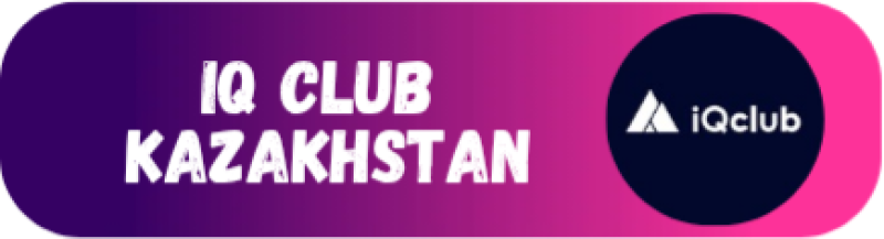 A rounded banner with a gradient from purple to pink displays the text "IQ CLUB KAZAKHSTAN" in white, and a dark blue circle on the right contains a white logo and the text "iQclub".