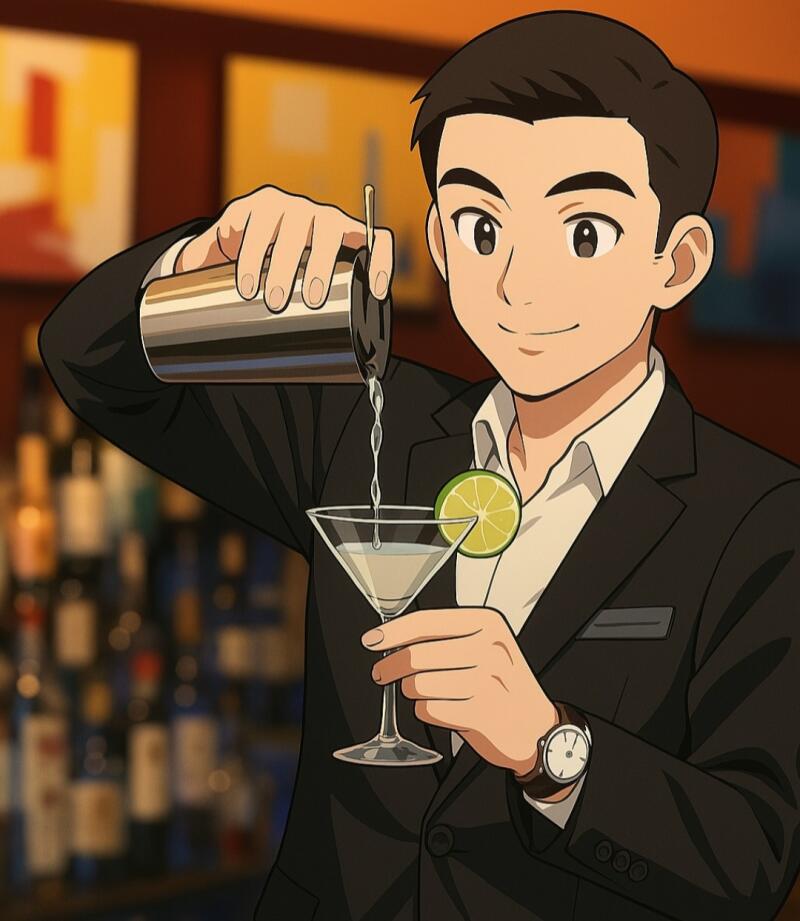 An anime-style man in a suit is pouring a drink from a cocktail shaker into a martini glass garnished with a lime wedge.