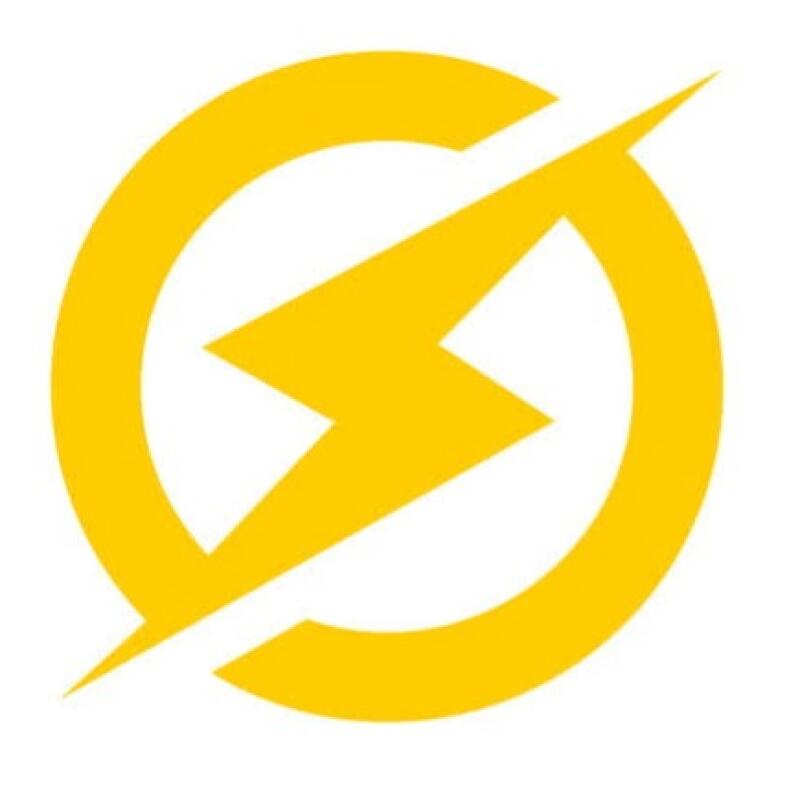 A yellow lightning bolt symbol is diagonally positioned inside a yellow circular outline, against a white background.