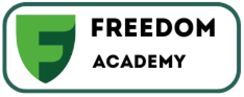 The logo features a green shield with a stylized "F" and the words "FREEDOM ACADEMY" in black, all contained within a rounded rectangle with a green border.