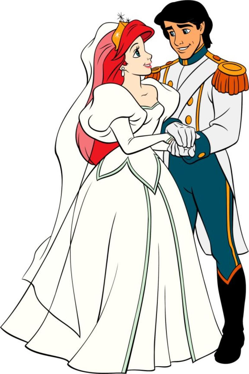 A cartoon illustration shows Ariel in a white wedding dress with a tiara and veil, holding hands with Prince Eric, who is wearing a white and blue suit with gold accents.