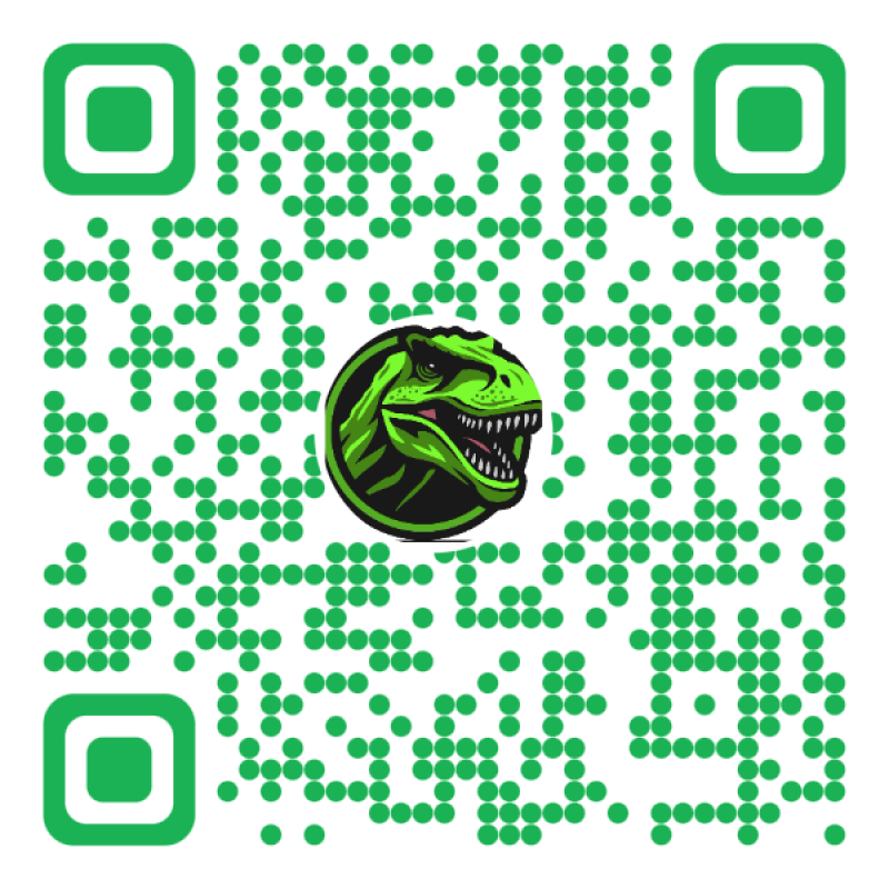 A green QR code with a stylized green dinosaur head logo in the center.