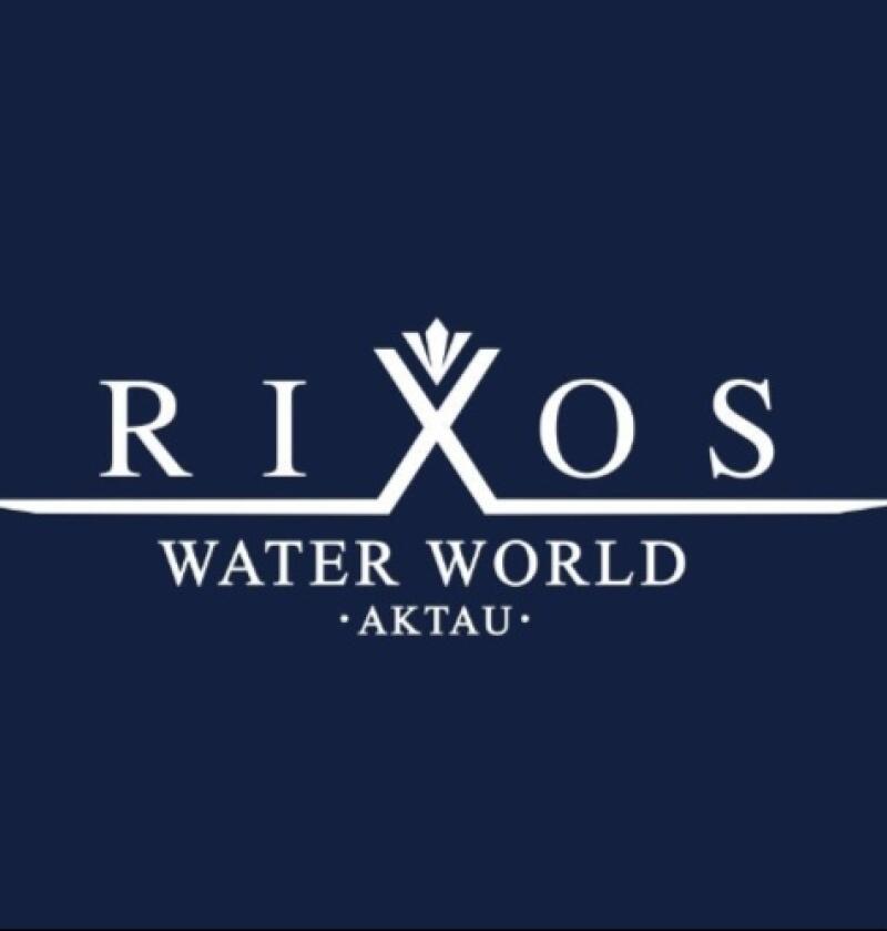 На изображении логотип "Rixos Water World Aktau" белого цвета на темно-синем фоне.