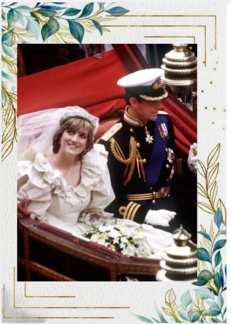 На изображении принцесса Диана и принц Чарльз в день их свадьбы, едущие в карете. Диана одета в белое свадебное платье и тиару, а Чарльз - в военной форме.