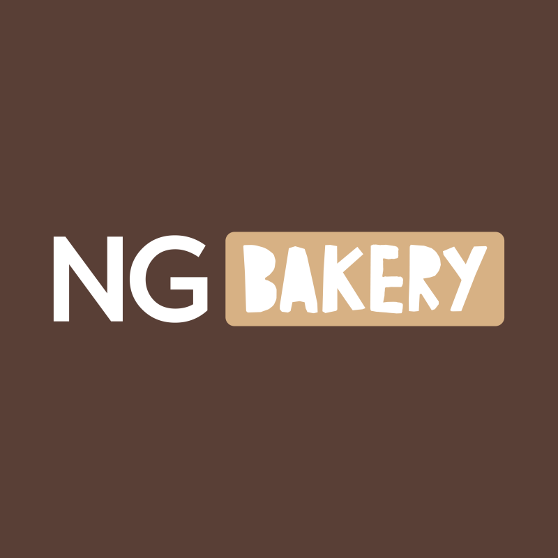 A logo for "NG BAKERY" is displayed on a brown background. The text "NG" is in white, while "BAKERY" is in white and set on a tan rectangle.