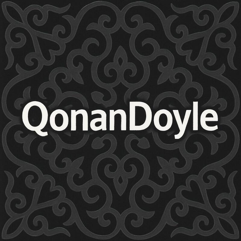 The image features a dark background with gray ornate designs and the white text "QonanDoyle" in the center.