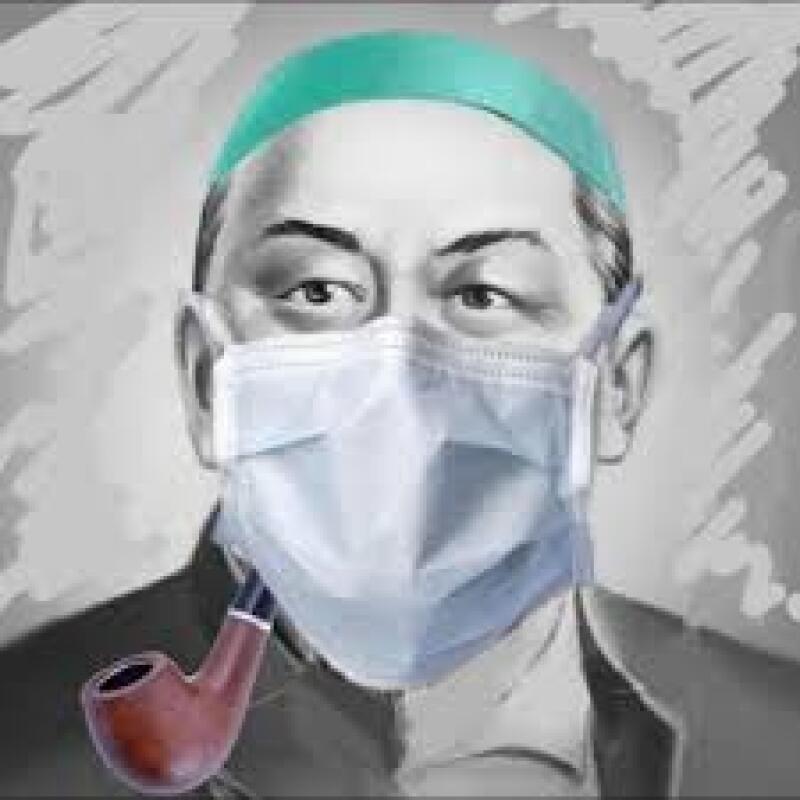 A black and white portrait of a man wearing a surgical mask and a green cap, holding a smoking pipe.