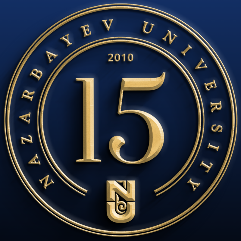 A gold emblem on a blue background reads "Nazarbayev University 2010" surrounding a large "15" and a stylized "NU" logo.