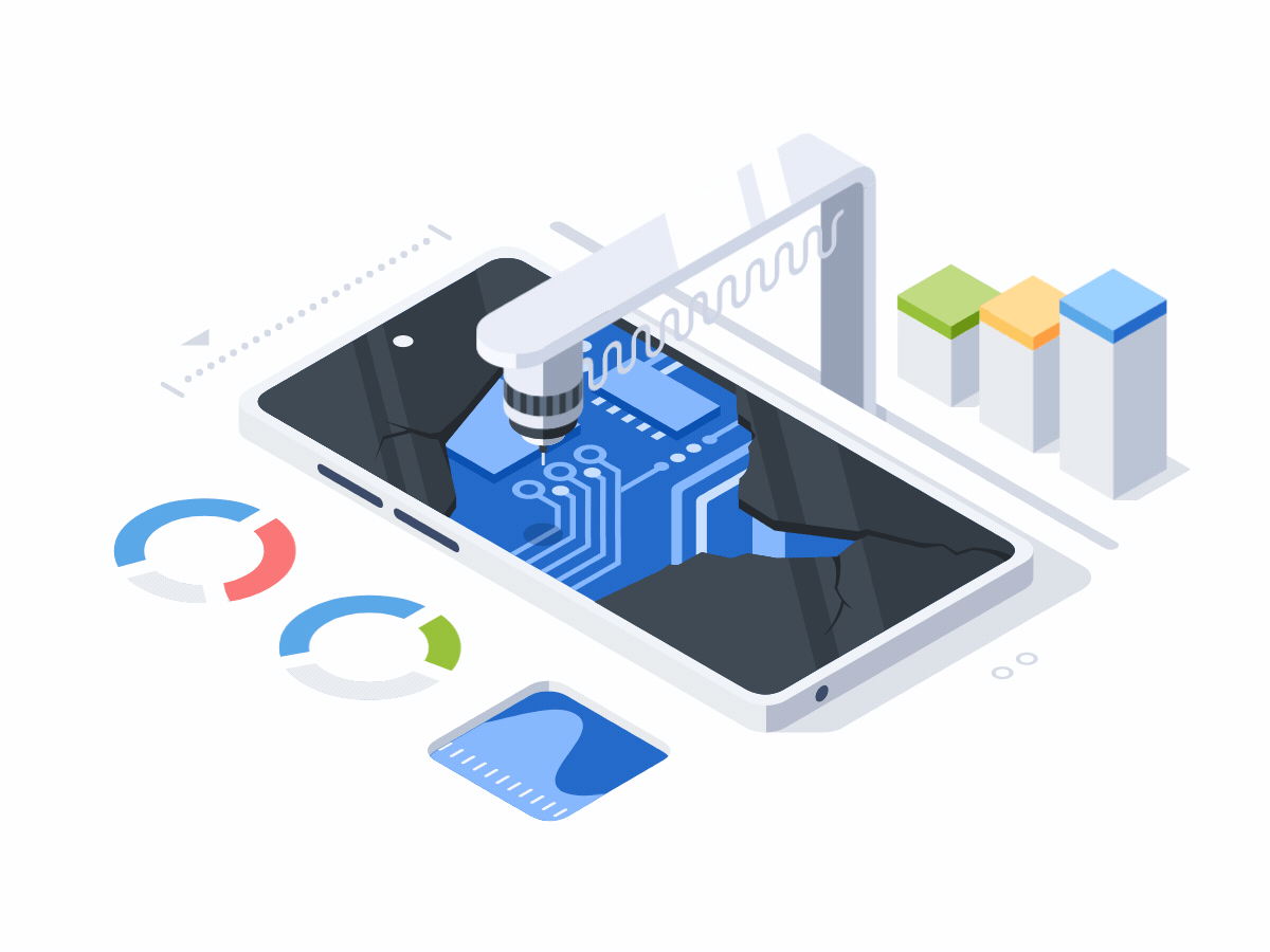 Isometric illustration of a cracked smartphone screen being repaired by a robotic arm, with accompanying graphs and charts.