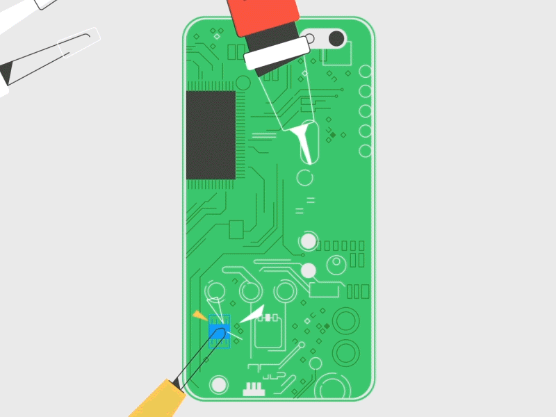 A green circuit board being worked on with a soldering iron and tweezers.