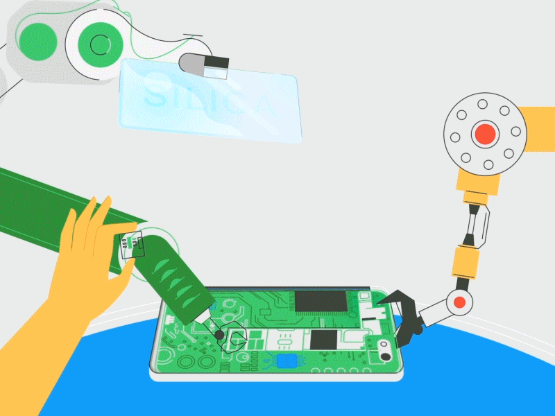 The image shows a circuit board being assembled by robotic arms and a human hand, with one arm holding a magnifying glass labeled "SILICON."
