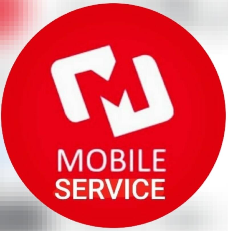 The logo features a stylized white letter 'M' inside a red circle, with the words 'MOBILE SERVICE' written below the letter.