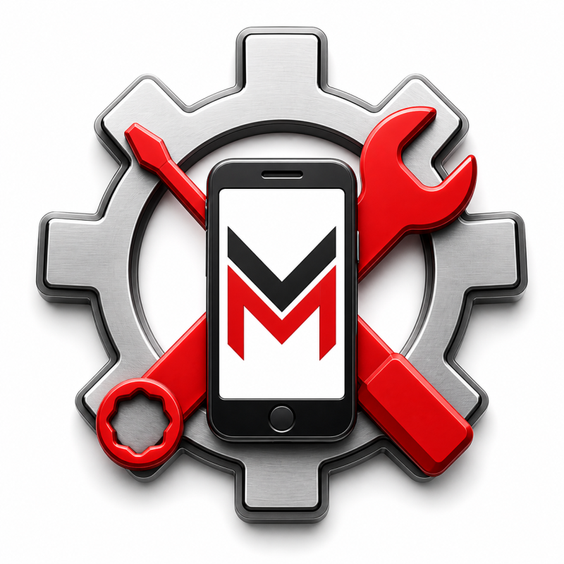 The image features a silver gear, a crossed red wrench and screwdriver, and a black smartphone displaying a stylized M logo in red and black.