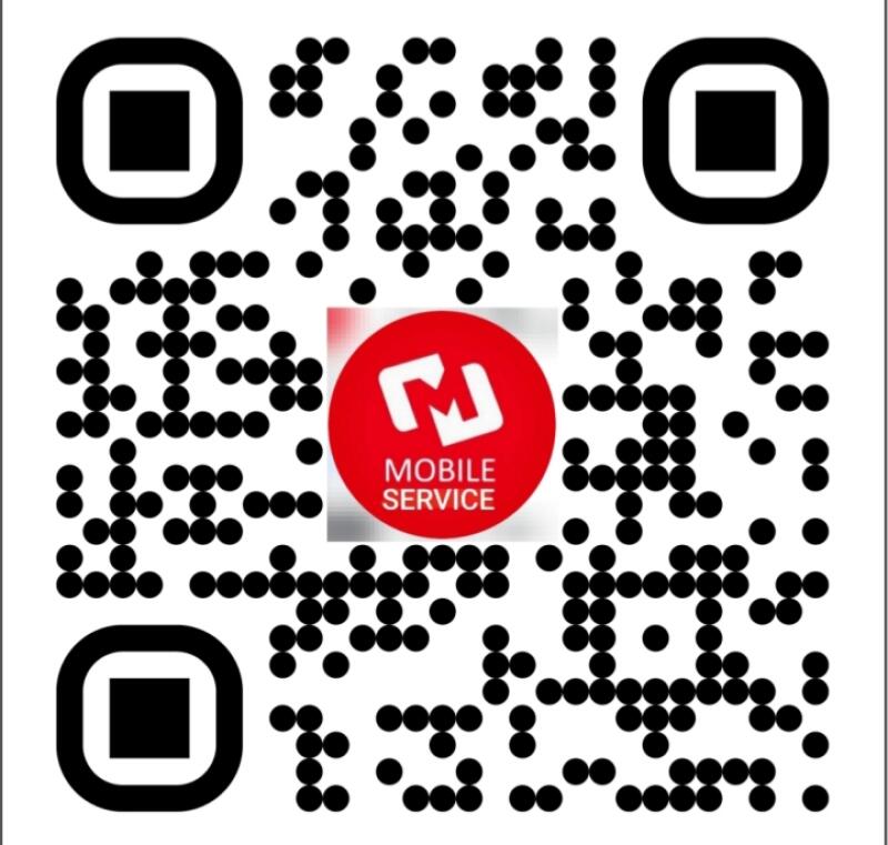 The image is a QR code with the logo of a mobile service in the center. The logo features a white stylized 'M' inside a red circle, with the words 'MOBILE SERVICE' below it.