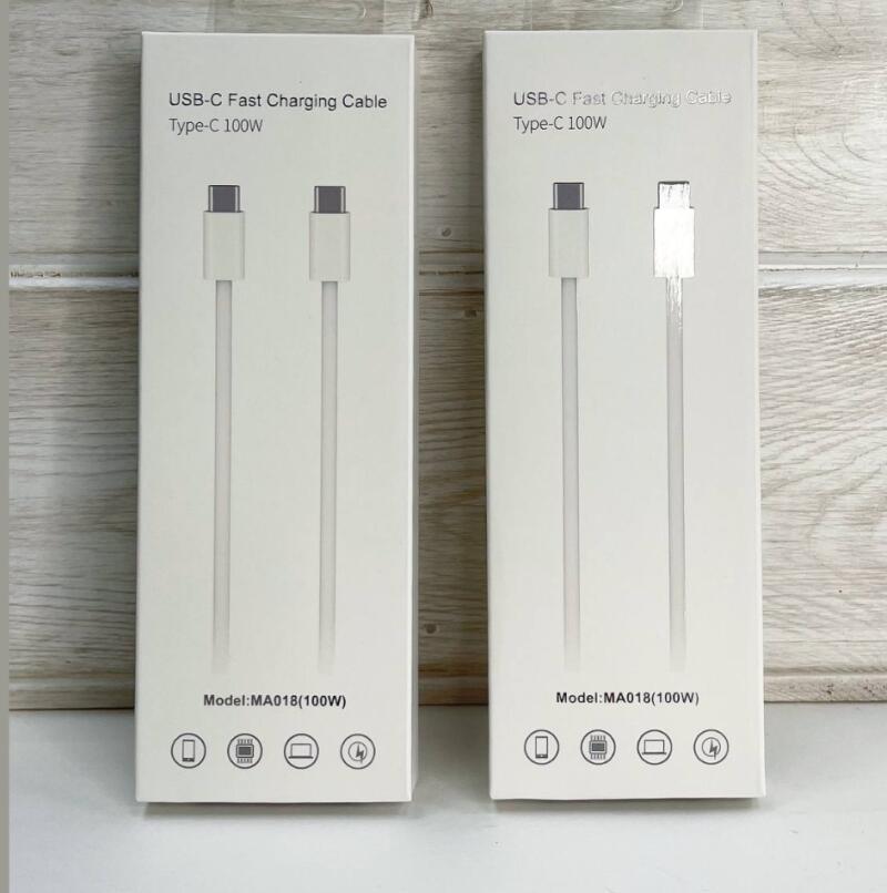 Две коробки с кабелями USB-C для быстрой зарядки, Type-C 100W, модель MA018(100W), представлены рядом.