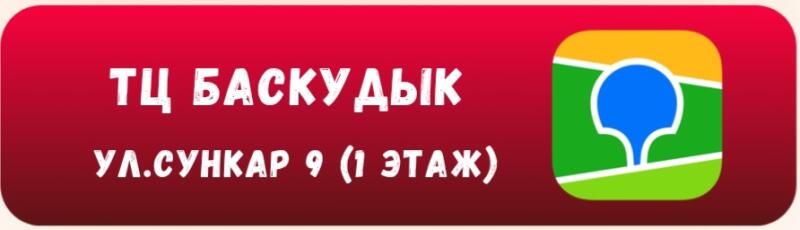 The image is a red rounded rectangle with the text "ТЦ БАСКУДЫК УЛ.СУНКАР 9 (1 ЭТАЖ)" in white and an icon featuring a blue golf pin on a green and yellow background.