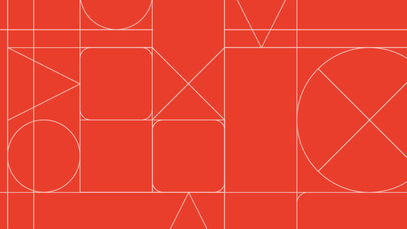 На изображении представлен абстрактный геометрический узор, состоящий из белых линий на красном фоне, включая такие фигуры, как круги, квадраты и треугольники.