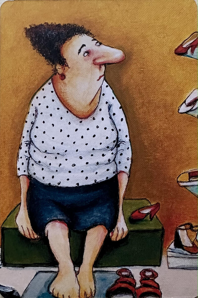 An illustration shows a woman with curly hair, wearing a polka dot shirt and dark skirt, sitting barefoot on a green bench surrounded by various pairs of shoes.