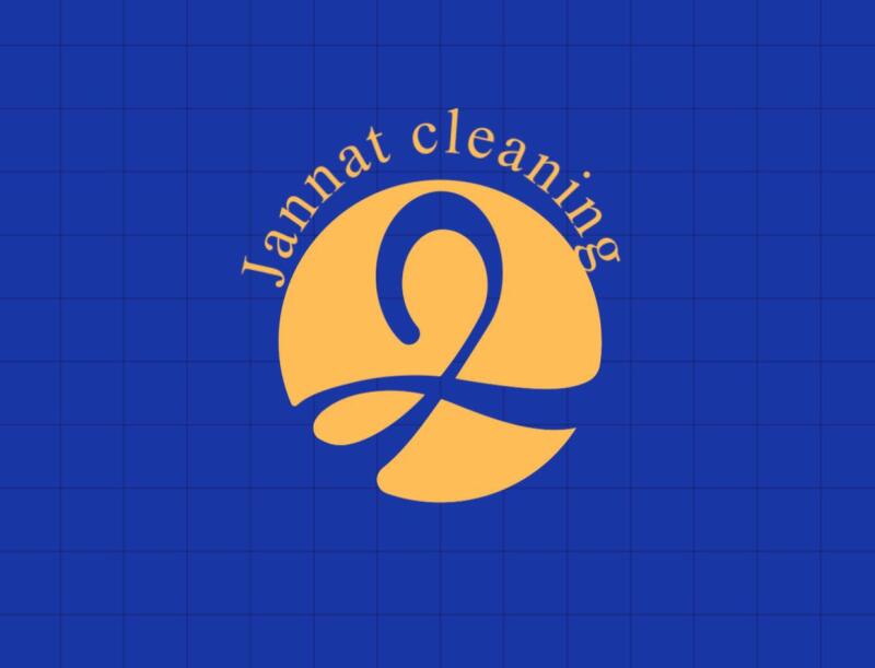 The image features a logo for "Jannat Cleaning" in golden color on a blue grid background. The logo includes stylized text arranged around a unique, flowing design.