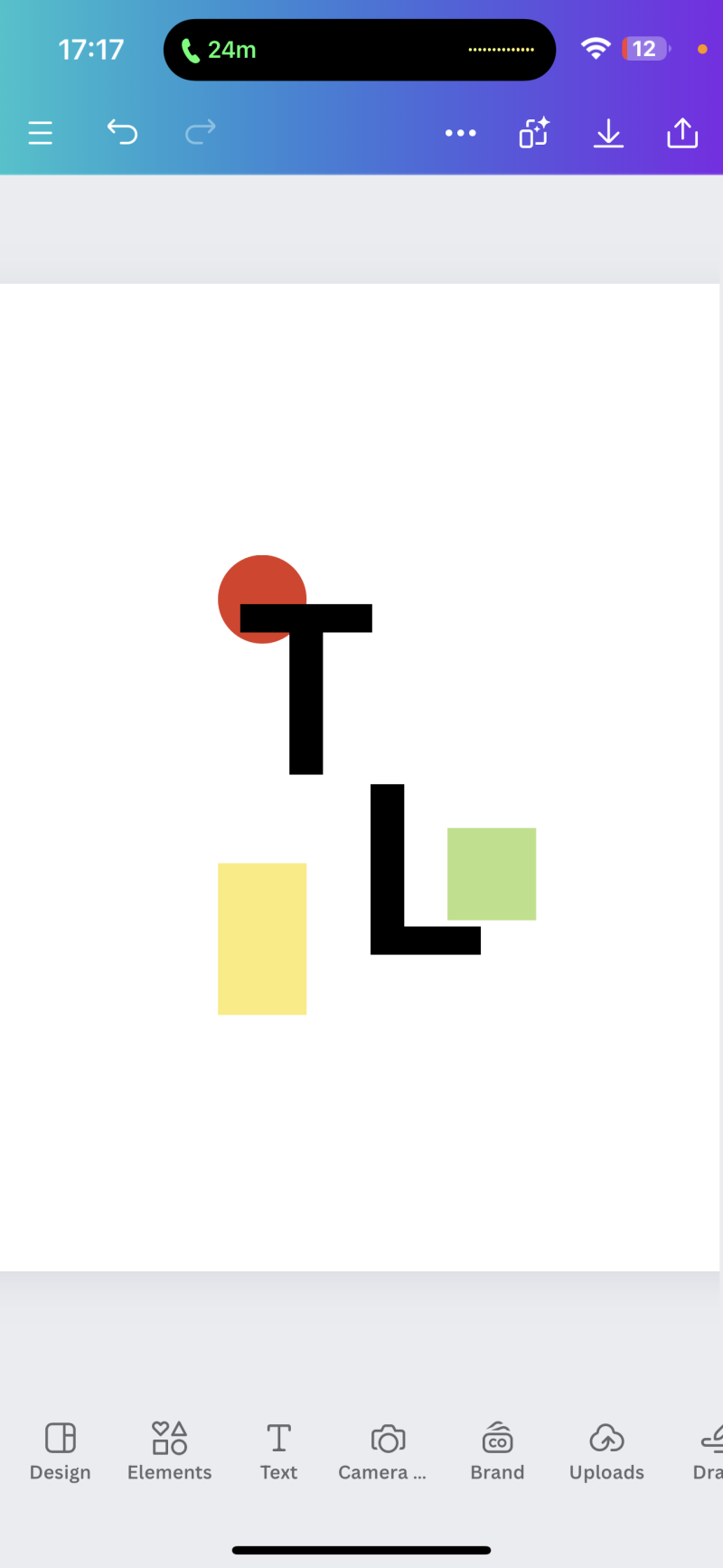 The image displays a composition of geometric shapes, including a red circle atop a black 'T', a yellow rectangle, a black 'L', and a light green square, all arranged on a white background, with a mobile interface showing status bar details at the top and design options at the bottom.