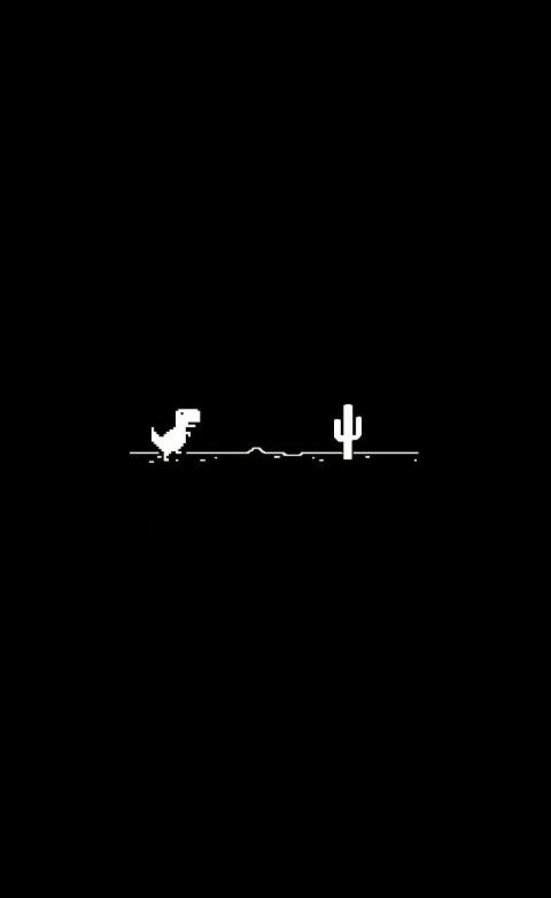 A white, pixelated dinosaur runs along a flat, white ground line with a cactus, set against a black background.
