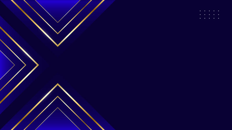 The image features a dark blue background with geometric shapes outlined in gold on the left side, and a set of small white dots in the upper right corner.