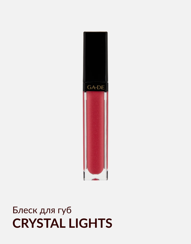 A tube of GA-DE CRYSTAL LIGHTS lip gloss with a black cap is centered on a white background.