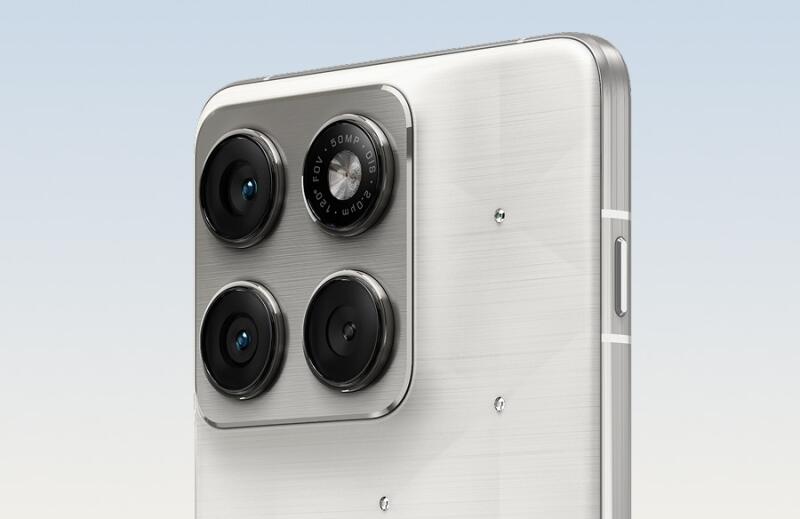 A close-up of the back of a silver cell phone shows four camera lenses, with text around one of the lenses reading "50MP 1/1.8 2.0um 120° FOV".