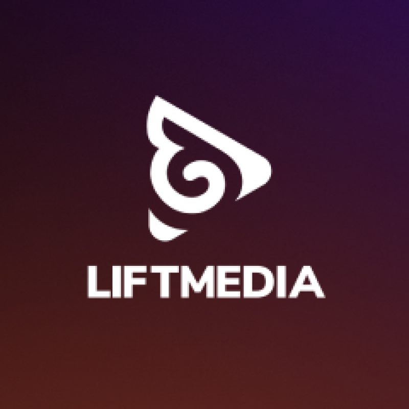 The image displays the white "LIFT MEDIA" text and a white triangle-shaped logo with a spiral design on a dark purple background.