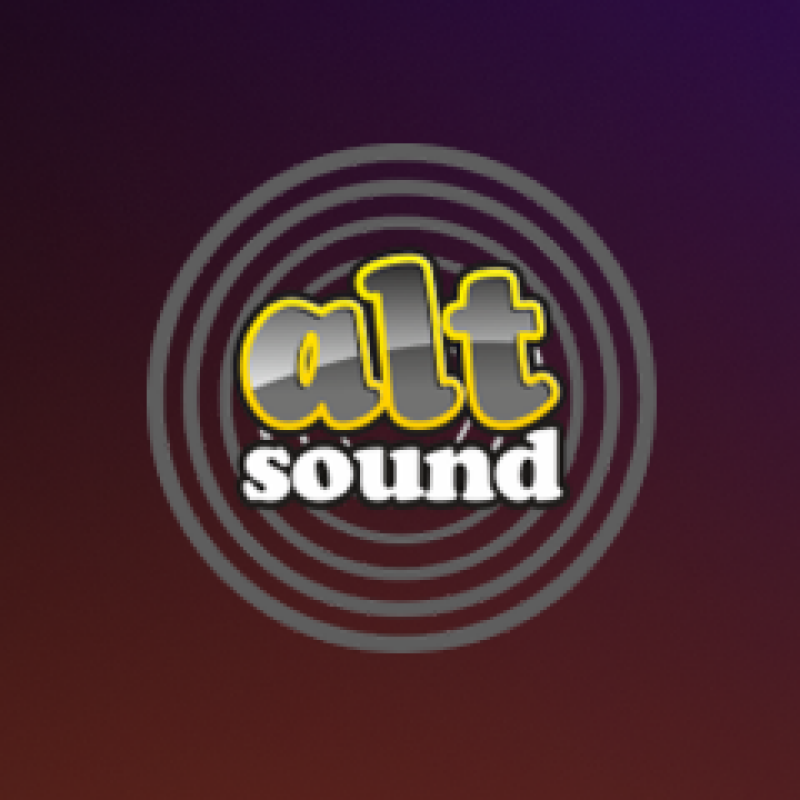 The image shows the words 'alt sound' in a stylized font with a yellow outline, set against a background of concentric circles.