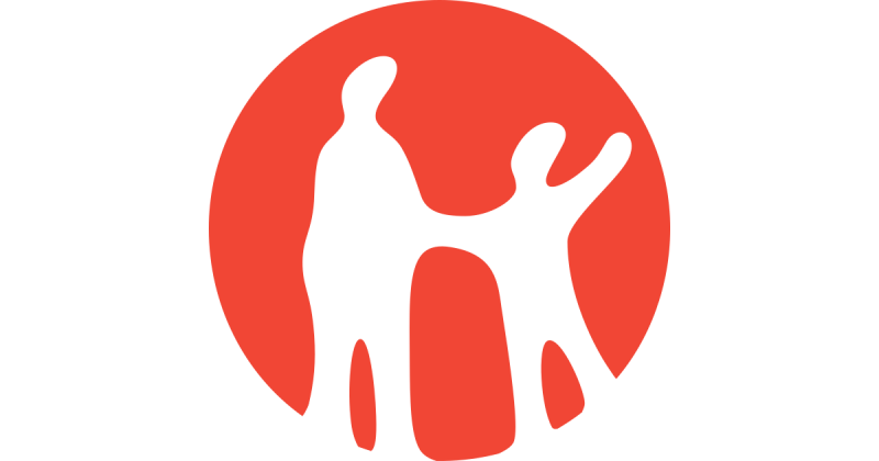 The image features a red circle with a white abstract design of two human-like figures; one appears to be guiding or holding the hand of the other, who has an arm raised.