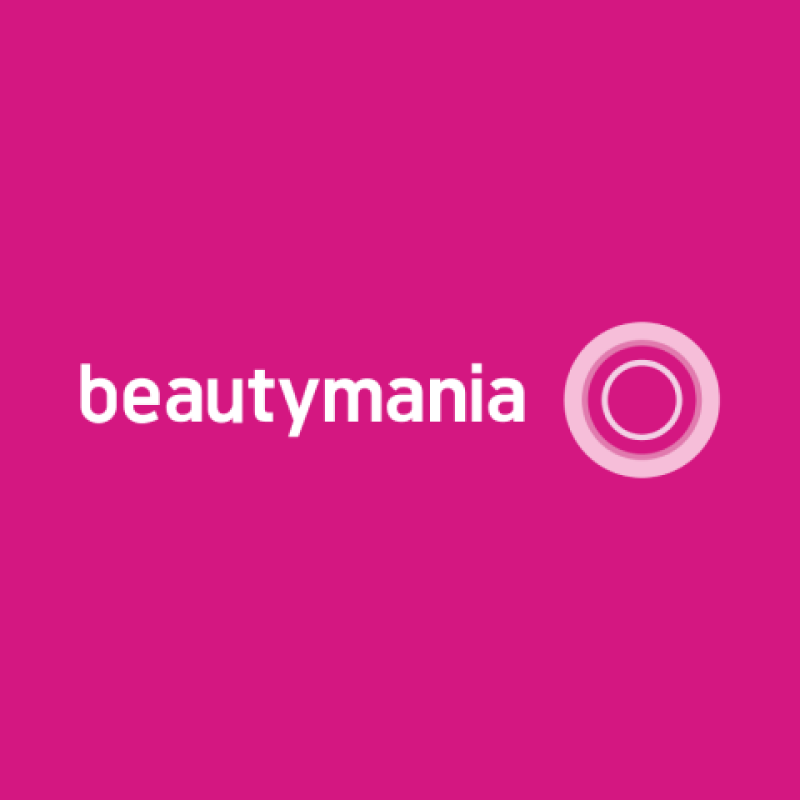 The image features the word "beautymania" in white, next to a circular icon with concentric circles in shades of pink, all set against a pink background.
