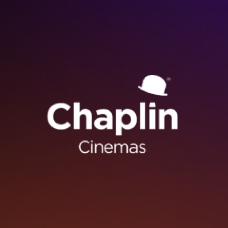 The image shows the Chaplin Cinemas logo with a white bowler hat above the name in white text on a gradient purple and brown background.