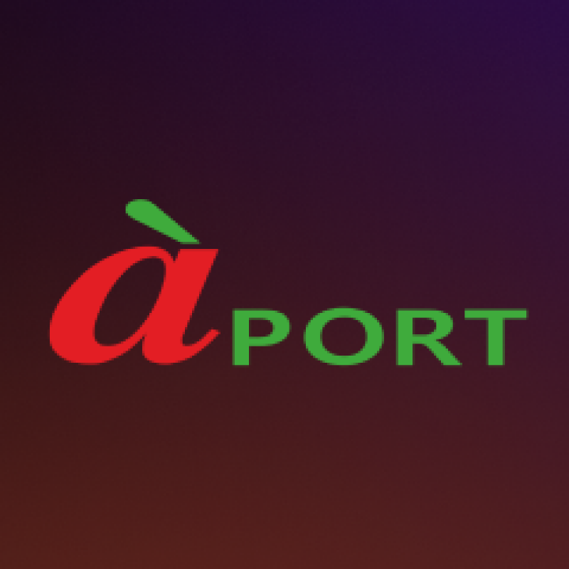 The image shows the word "àport" with "à" in red and "port" in green on a gradient purple background.
