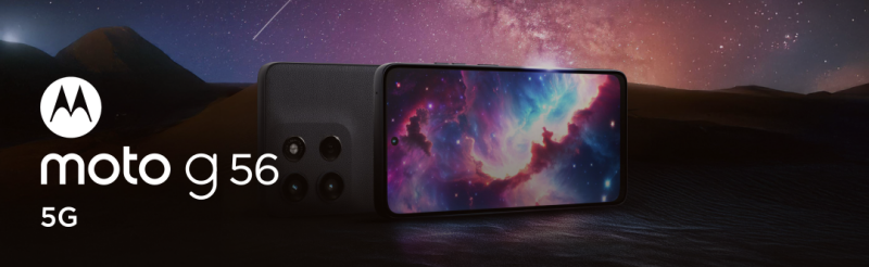 The image shows a Motorola moto g 5G phone against a backdrop of mountains and a starry sky, with the phone's screen displaying a vibrant nebula.