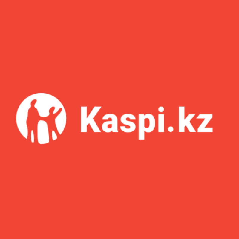 The image features the Kaspi.kz logo in white against a red background, with a stylized graphic of two figures inside a circle.