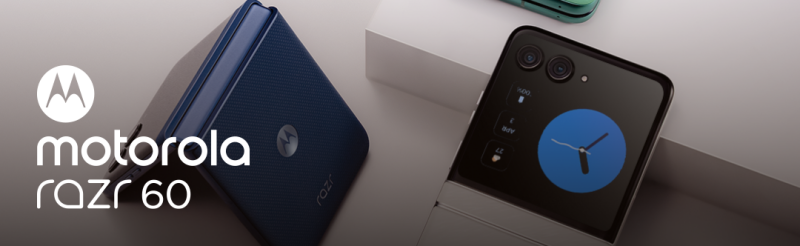 The image features two Motorola Razr 60 phones, one closed with a blue textured back and the Motorola logo, and the other open displaying a clock interface on its screen.