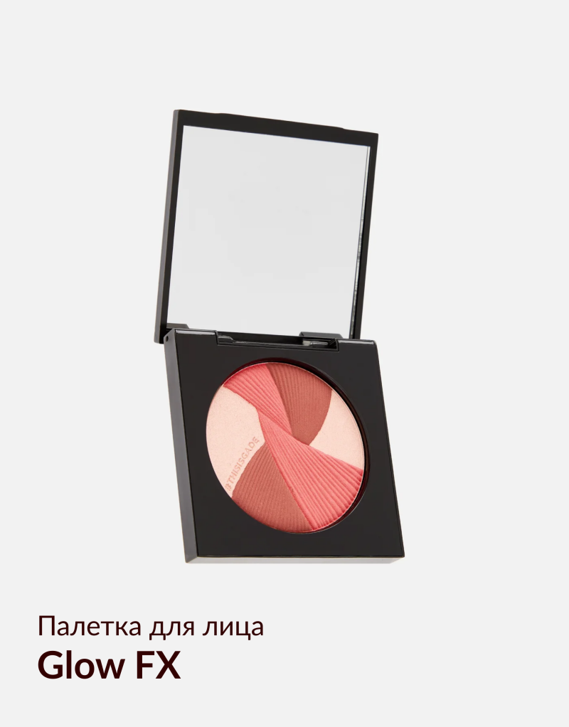 A face powder palette in a black compact case with a mirror, featuring a circular arrangement of light pink, brown, and coral shades.