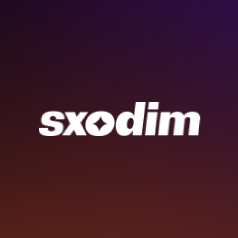 The image features the word "sxodim" in white against a gradient background that transitions from purple to brown. The "o" in "sxodim" is replaced with a diamond shape.
