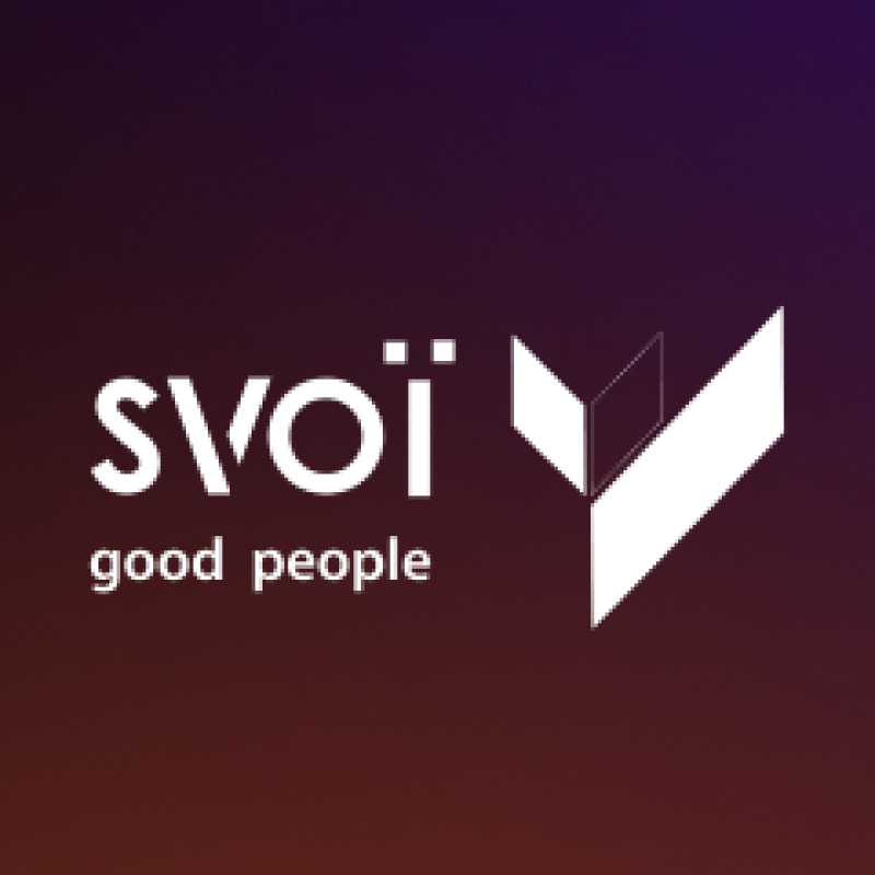 The image shows the white-colored logo for "svoii good people" against a dark purple background, featuring a stylized geometric design.