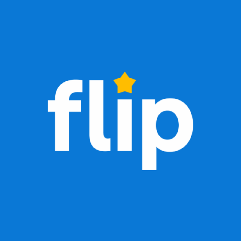 The image displays the word "flip" in white with a yellow star above the "i", set against a blue background.