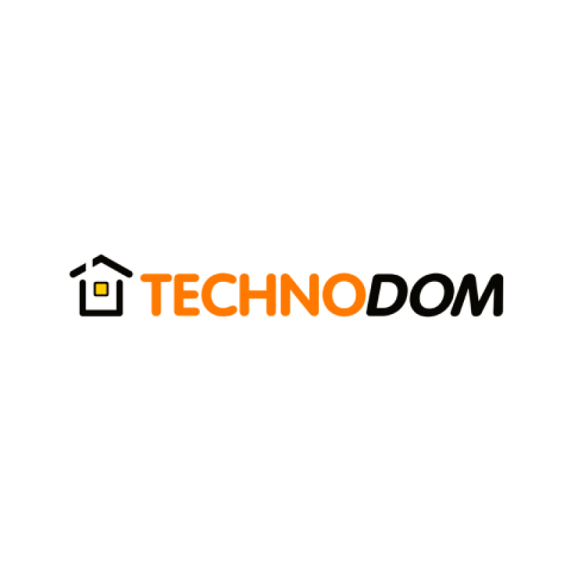 The image features the TECHNODOM logo in orange and black, accompanied by a house-shaped icon with a yellow window.