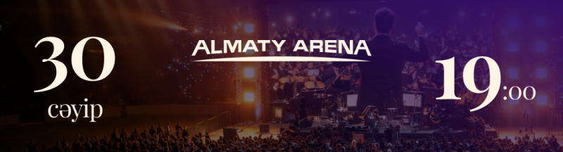 An advertisement for "Almaty Arena" shows a performance with an orchestra and a large audience, with the text "30 сәуір" and "19:00".