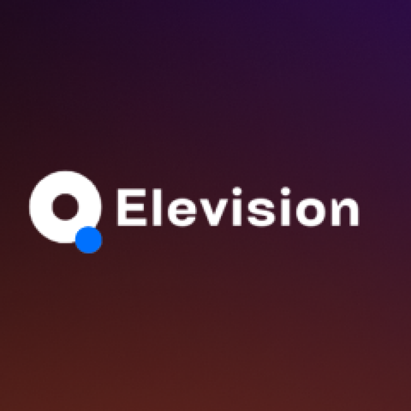 The image features the word "Elevision" in white, next to a stylized white circle with a blue dot below it, against a blurred gradient background of purple and brown.